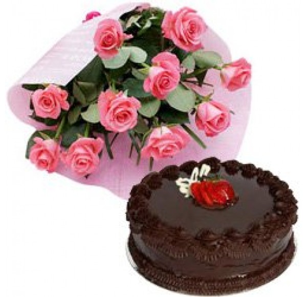 Sweet 10 Pink Roses and 1/2 Kg Eggless Chocolate Cake